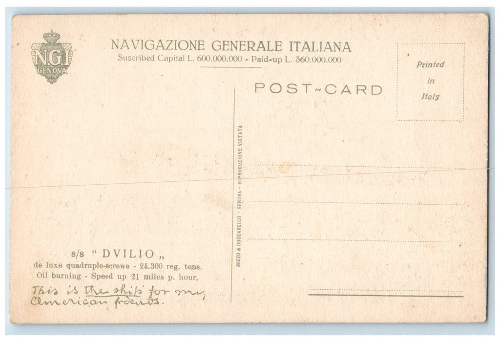 c1910's View Of Steamer Ship S.S Dvilio Italian Line Italy Antique Postcard
