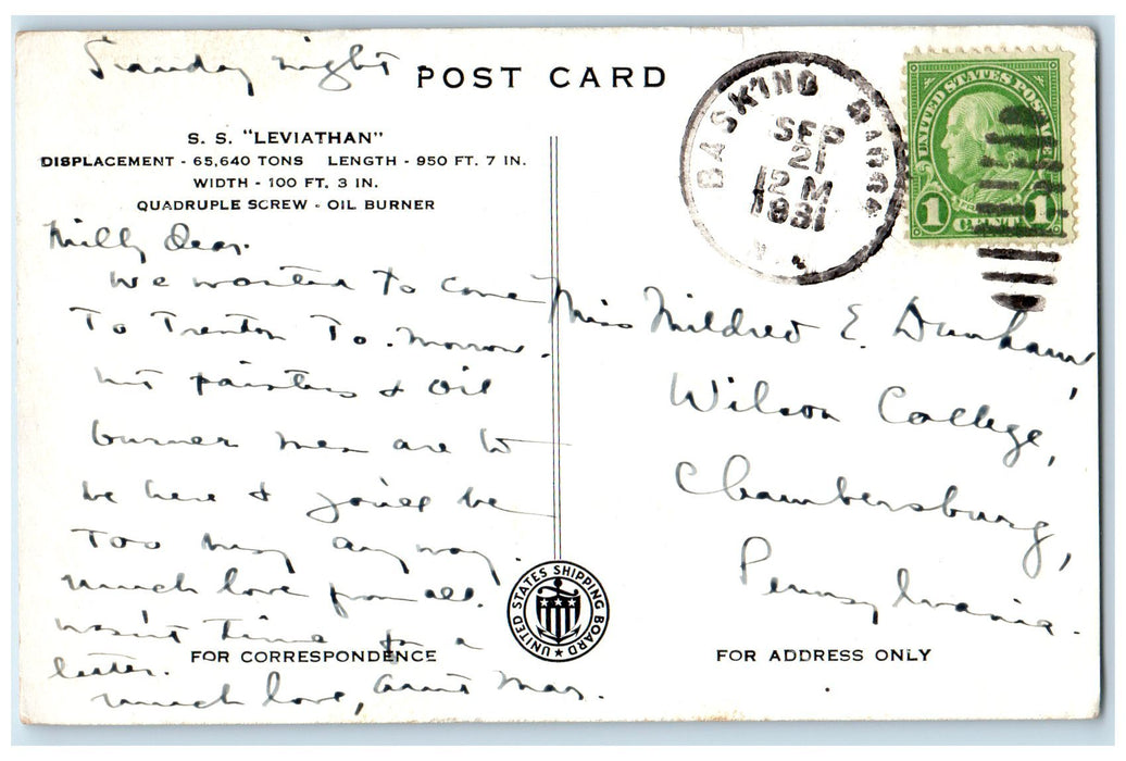 1931 United States Lines S.S Leviathan Steamer Ship Basking Ridge NJ Postcard