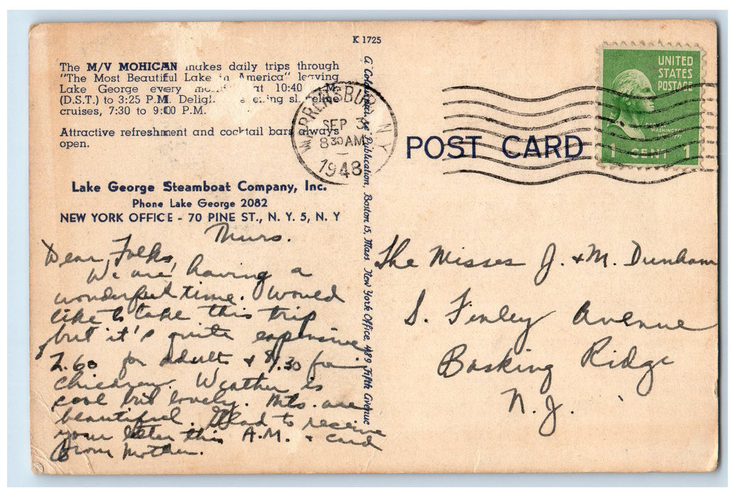 1948 Motor Vessel Mohican Ferry Boat Beautiful Lake George New York NY Postcard