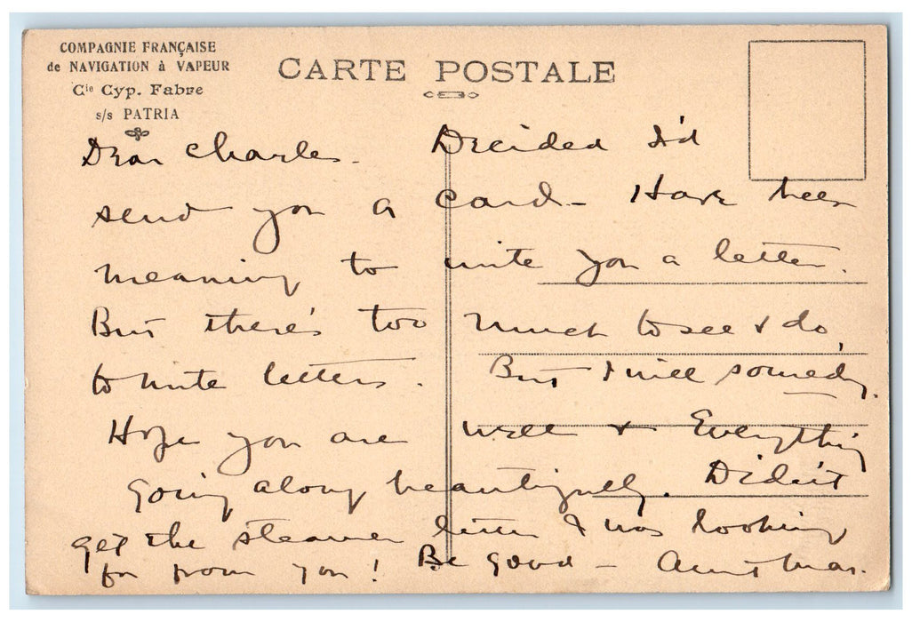 Compagnie Francaise De Navigation Vapeur Steamer Ship S.S Patria Postcard
