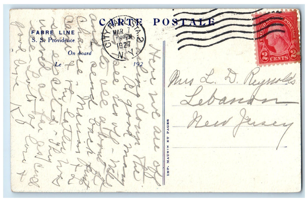 1927 Fabre Line Steamer Ship S.S Providence City Hall New York NY Postcard