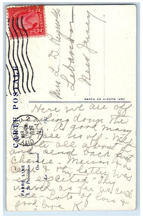 1927 Fabre Line Steamer Ship S.S Providence City Hall New York NY Postcard