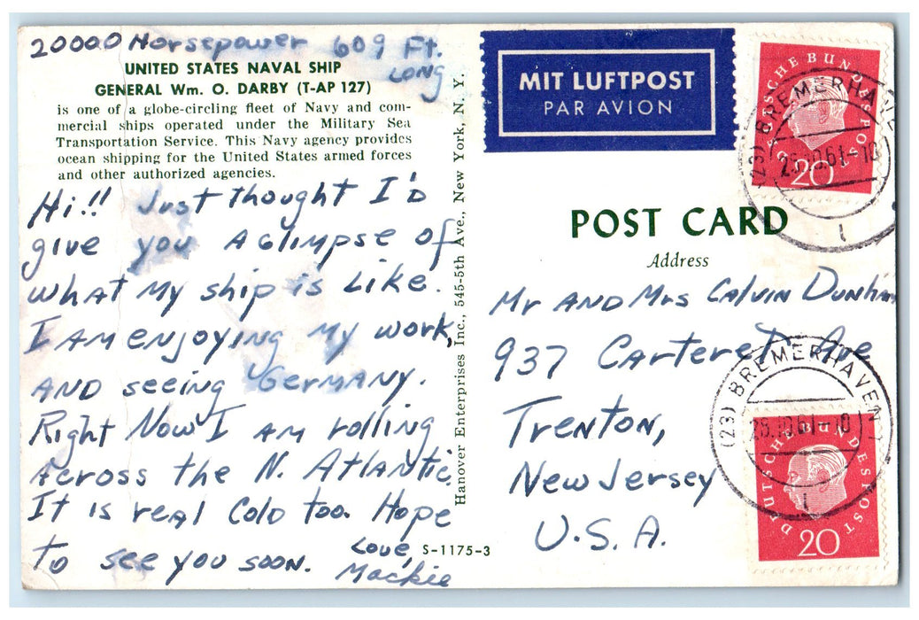 United States Naval Navy Commercial Ship General Wm. O. Darby T-AP 127 Postcard
