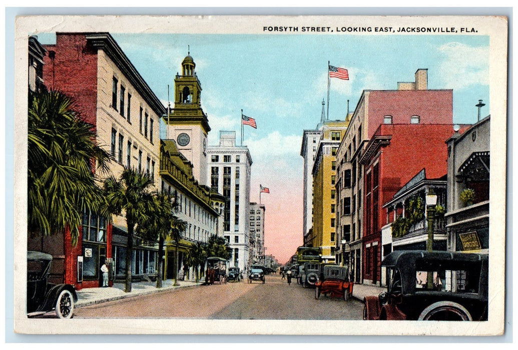 Forsyth Street Looking East Car-lined Scene Jacksonville Florida FL Postcard