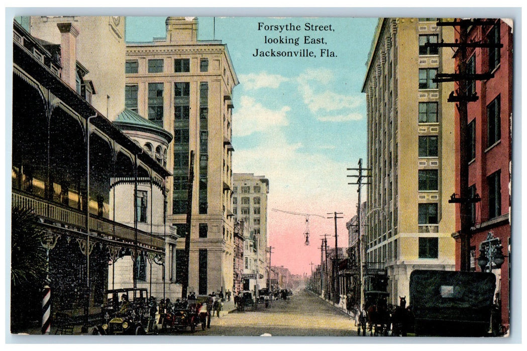 c1910's Forsythe Street Looking East Jacksonville Florida FL, Car-lined Postcard