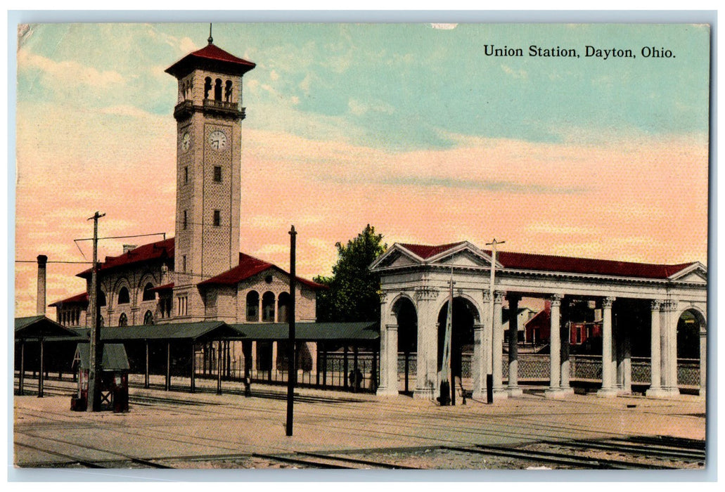 1912 Union Station Railroad Train Depot Street View Dayton Ohio OH Postcard