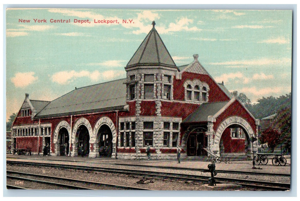 c1910's New York Central Depot Rail Train Cart Lockport New York NY Postcard