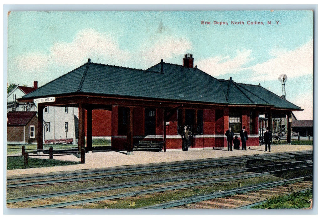 1910 Erie Depot Train Station Railroad People North Collins New York NY Postcard