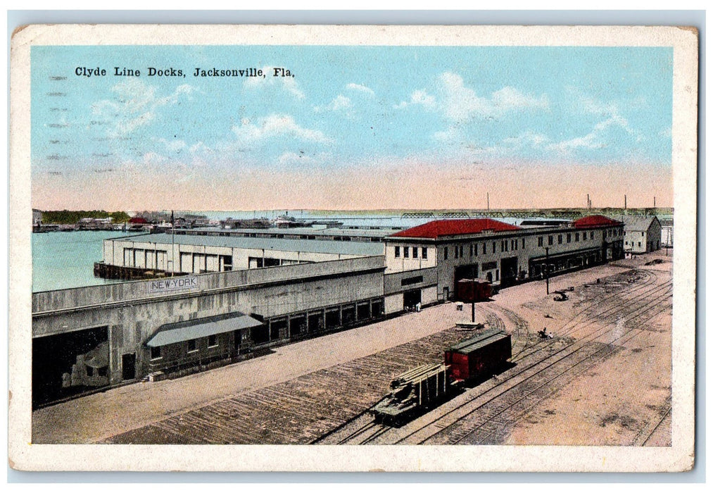 1921 Clyde Line Docks Train Railroad Scene Jacksonville Florida FL Postcard