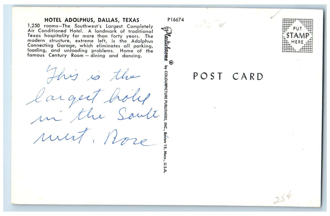 c1950's Hotel Adolphus Hotel Resort Cars People Front View Dallas Texas Postcard