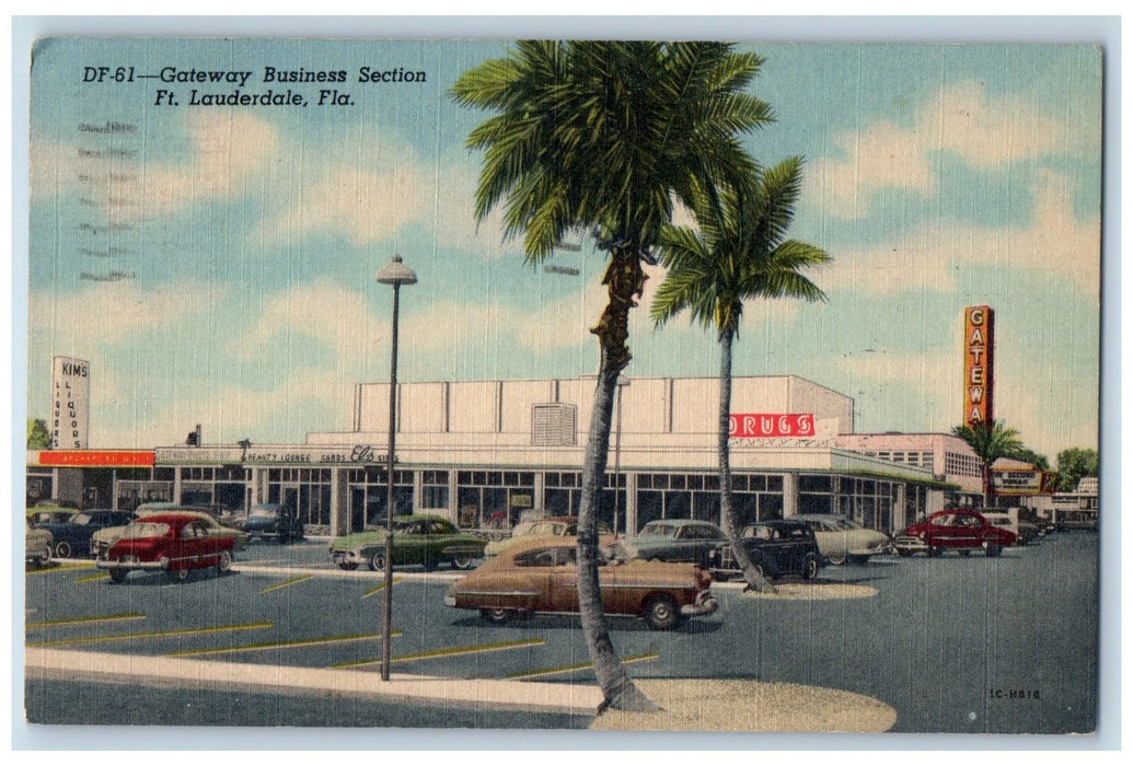 1955 Gateway Business Section Cars Drug Store Ft. Lauderdale Florida FL Postcard