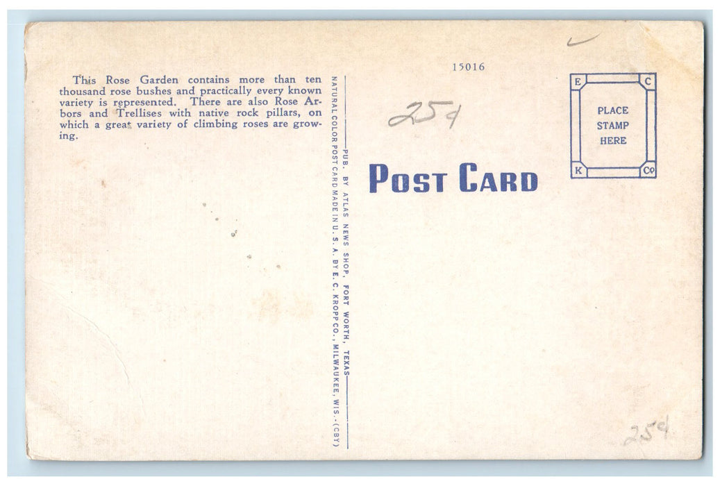c1940's A Section Of Rose Garden Rock Springs Park Forth Worth Texas TX Postcard
