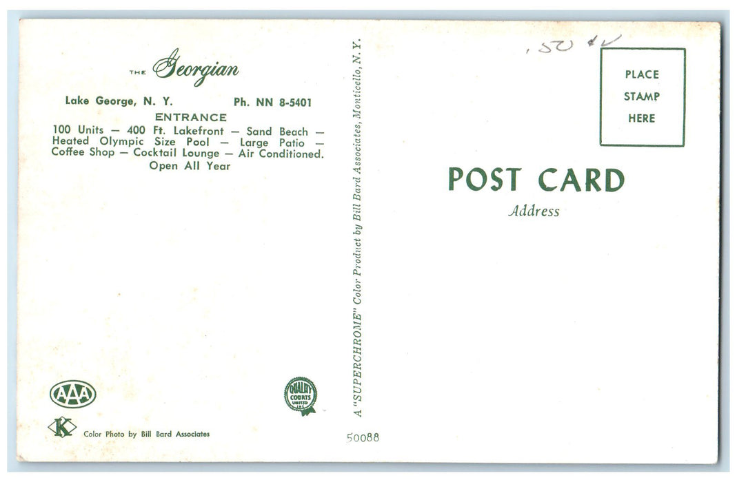 c1950's The Georgian Lake Front Entrance Cars Lake George New York NY Postcard
