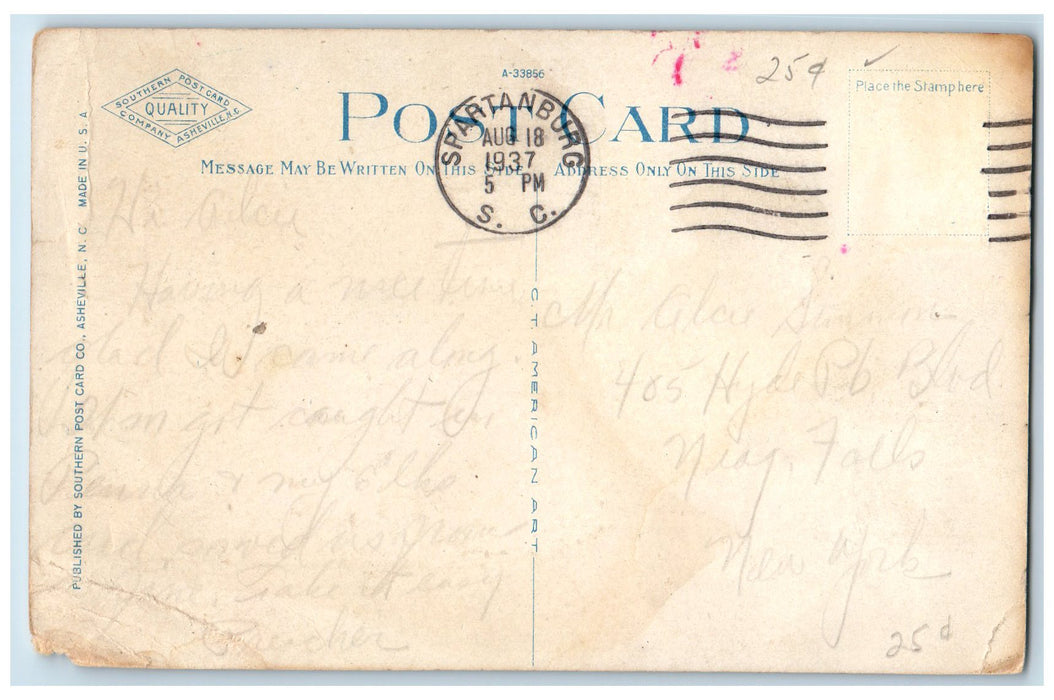 1937 Confederate Monument Statue Park Spartanburg South Carolina SC Postcard