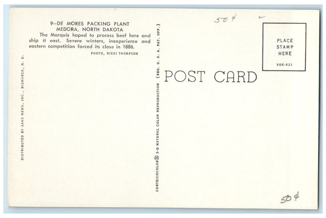 c1950's 9 De Mores Packing Plant Site Process Medora North Dakota ND Postcard