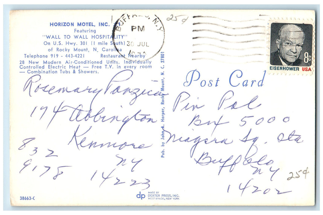 c1960 Horizon Motel Inc. Wall To Wall Hospitality US Hwy Rocky Mount NC Postcard