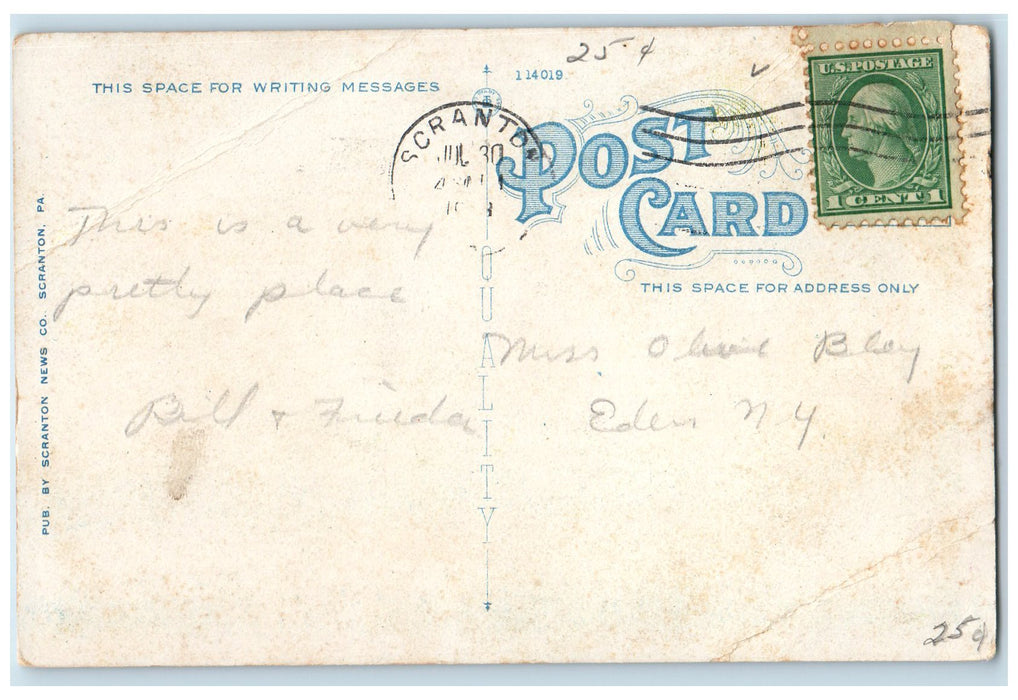c1920's Elmhurst Reservoir Lackawanna Trail Stroudsburg Scranton PA Postcard