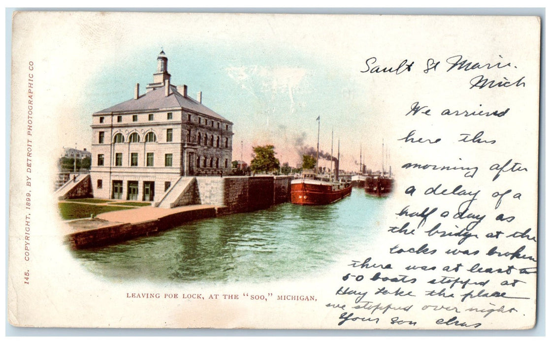 1902 Leaving Poe Lock Ship At the Soo Sault Sainte Marie Michigan MI Postcard