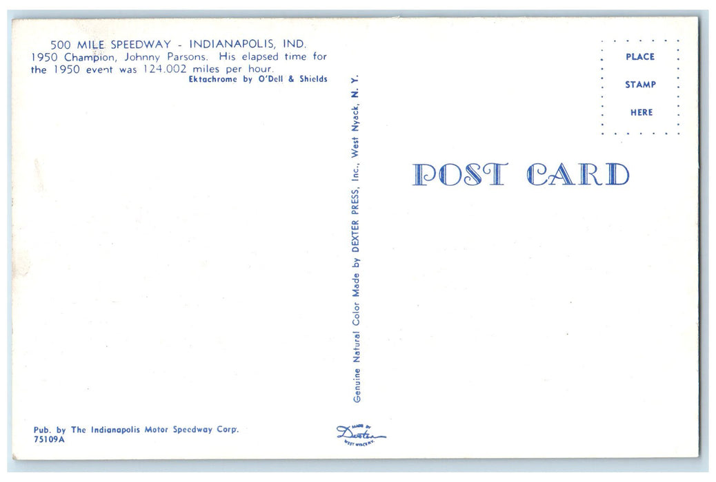 Champion Johnny Parsons 500 Mile Speedway Trail Indianapolis Indiana IN Postcard