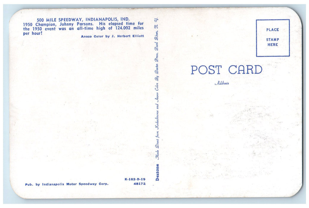 500 Mile Speedway Trail 1950 Champion Johnny Parsons Indianapolis IN Postcard