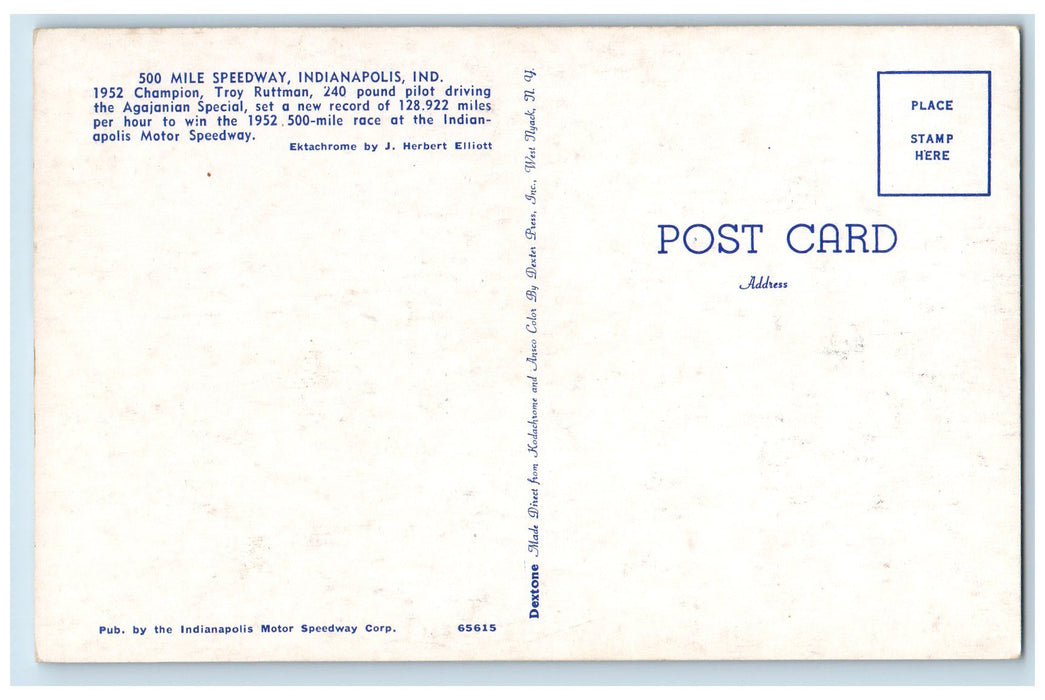Champion Troy Ruttman 500 Mile automobile Race Trail Indianapolis IN Postcard