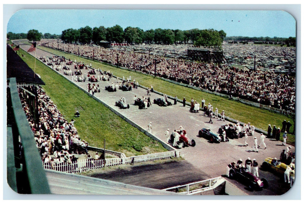 Cars Lined Up  In Starting Position 500 Mile Speedway Indianapolis IN Postcard