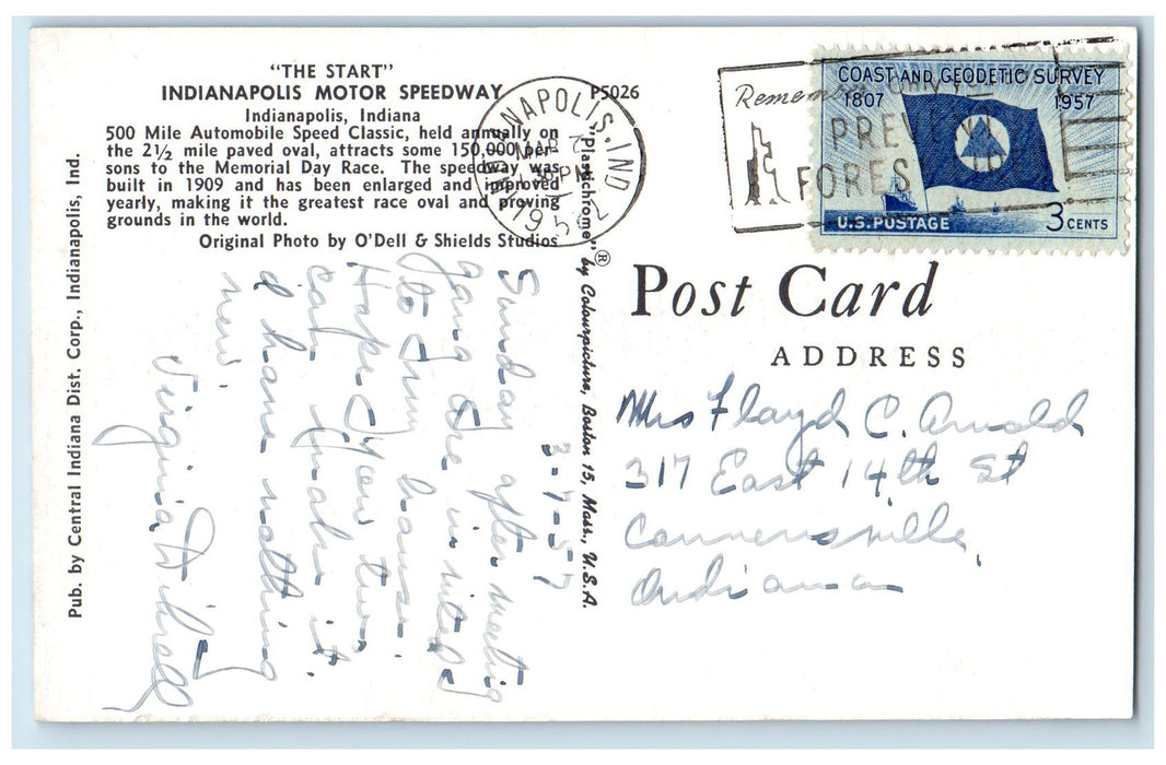 1957 The Start Indianapolis Motor Speedway 500 Mile Automobile Trail IN Postcard