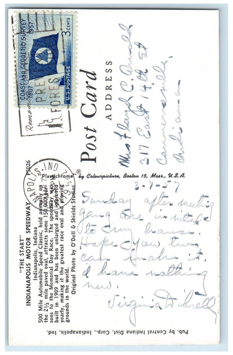 1957 The Start Indianapolis Motor Speedway 500 Mile Automobile Trail IN Postcard