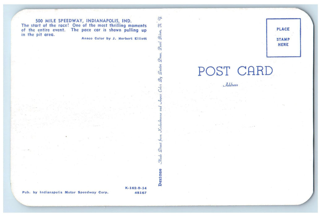 The Pace Car Scene 500 Mile Speedway Automobile Trail Indianapolis IN Postcard