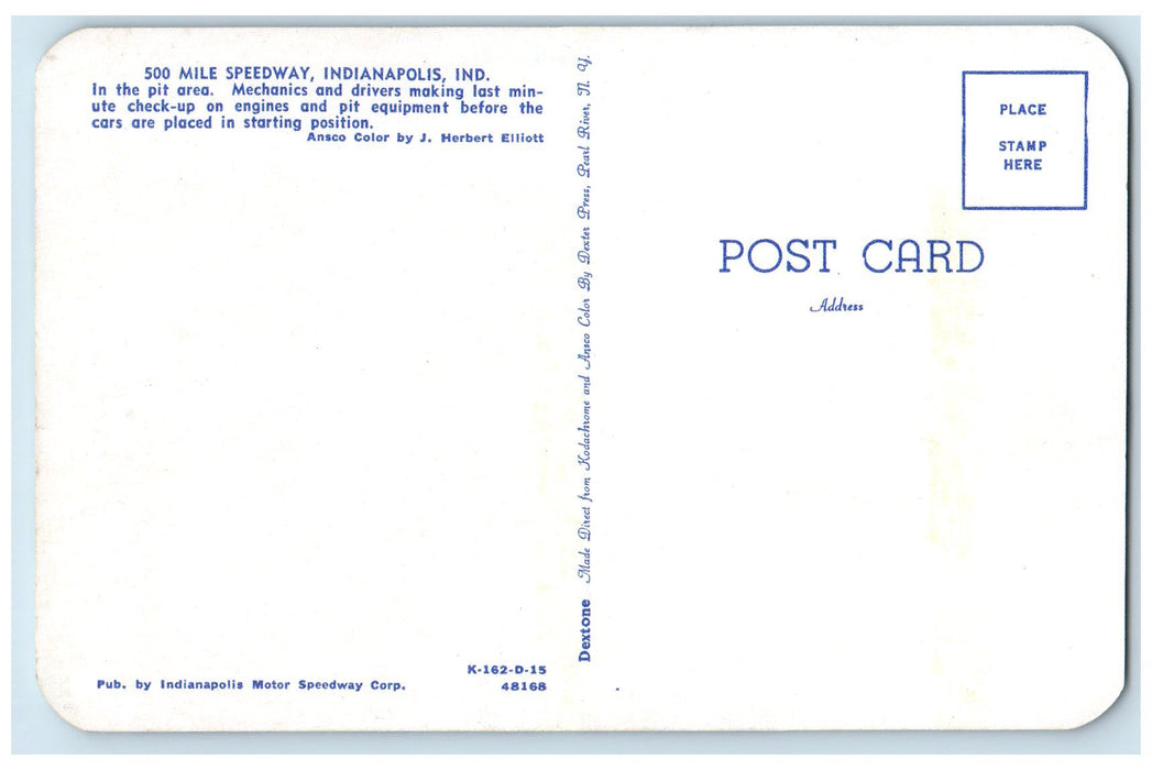 Check-up Engines Pit Area 500 Mile Speedway Trail Indianapolis IN Postcard