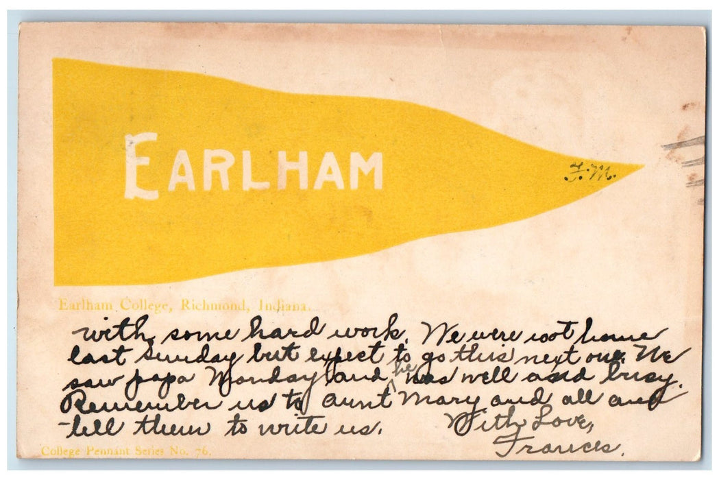 1909 Earlham College Richmond Indiana IN Antique Pennant Posted Postcard