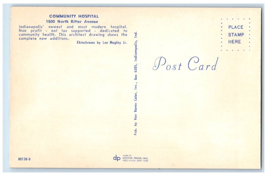 Community Hospital Building North Ritter Avenue Indianapolis Indiana IN Postcard