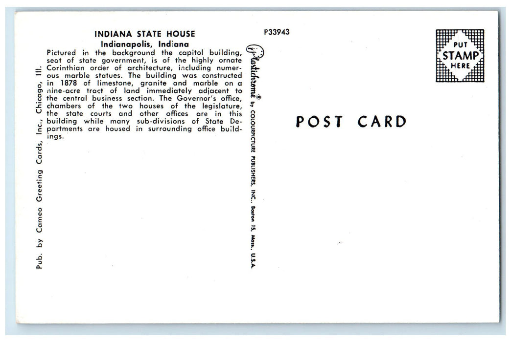 Indiana State House Indianapolis IN, Capitol Building Scene Vintage Postcard