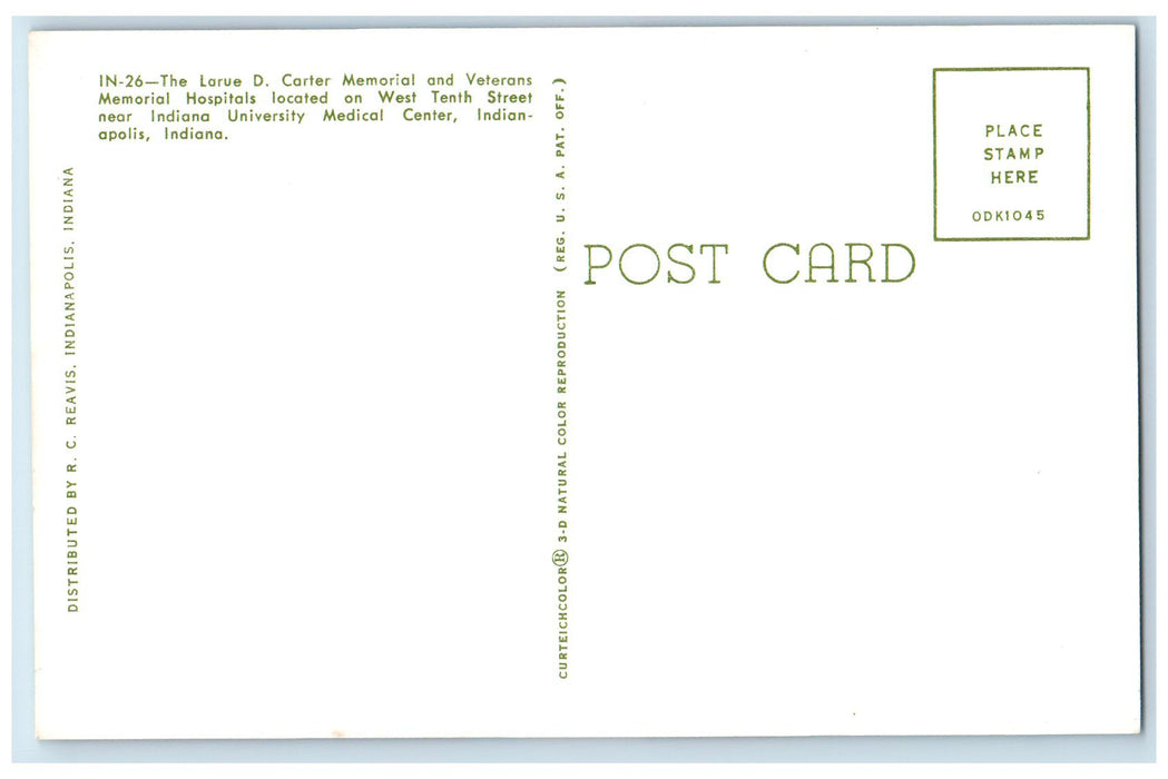 Greetings From Indianapolis IN, Veterans Administration Hospital Postcard