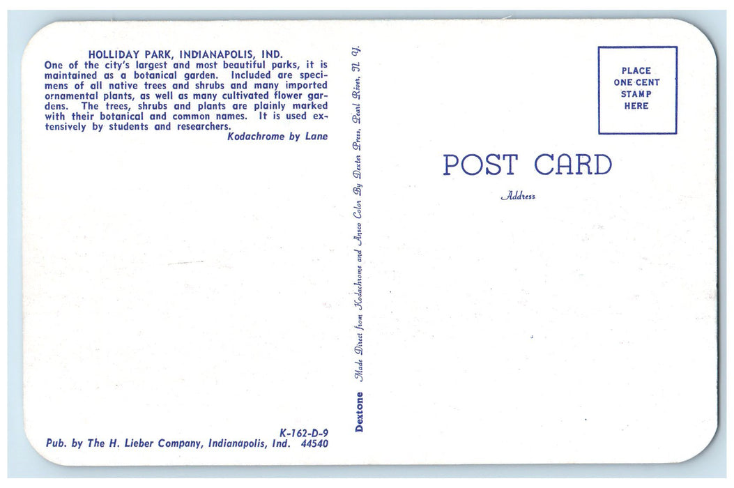 View Of Holliday Park Garden Indianapolis Indiana IN Vintage Unposted Postcard