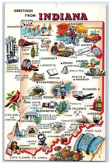 Greetings From Indiana IN, Michigan City Beach Animals Building Scene Postcard