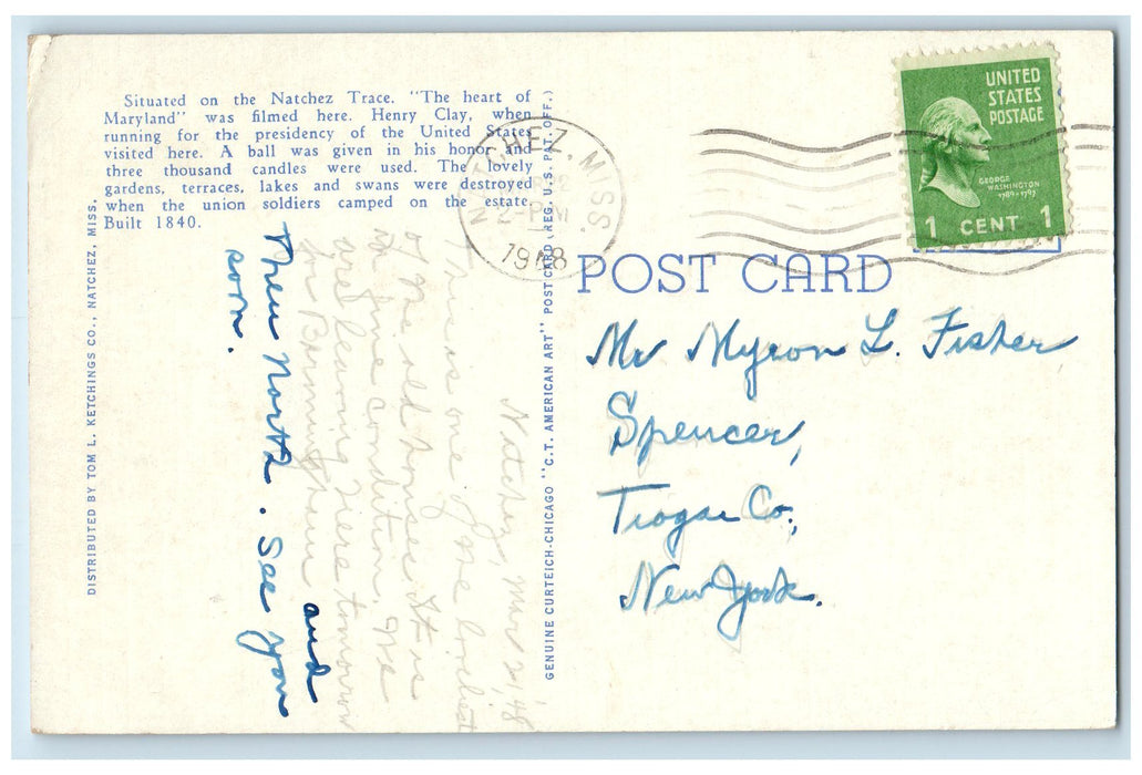 c1940's D'Evereux Mansion Scene Natchez Mississippi MS Posted Vintage Postcard