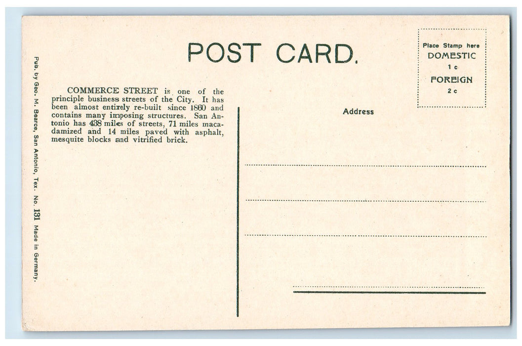 c1910's Commerce Street Scene San Antonio Texas TX Unposted Vintage Postcard