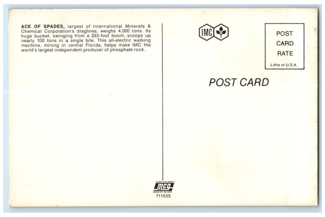 c1960's Ace Of Speed Largest Mining Machine Central Florida FL Unposted Postcard