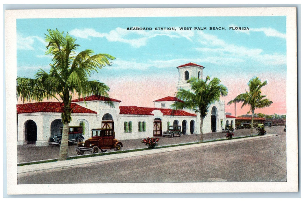 c1920's Seaboard Station West Palm Beach Parking Cars Trees Florida FL Postcard