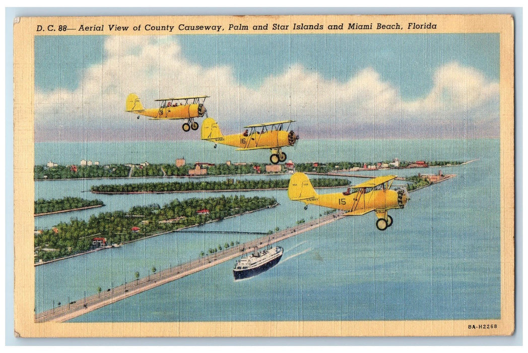 1942 Aerial County Causeway Palm Star Island Miami Beach Airplanes FL Postcard