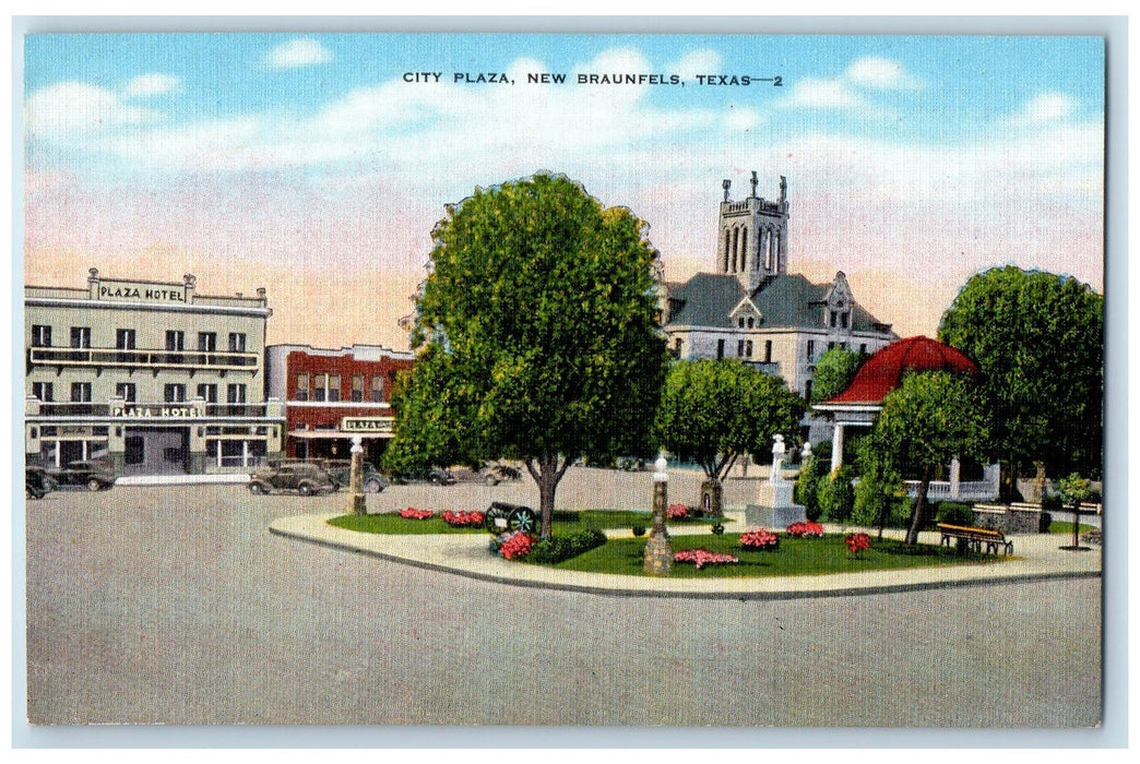 City Plaza Garden Park New Braunfels Texas TX, Church Hotel Scene Postcard