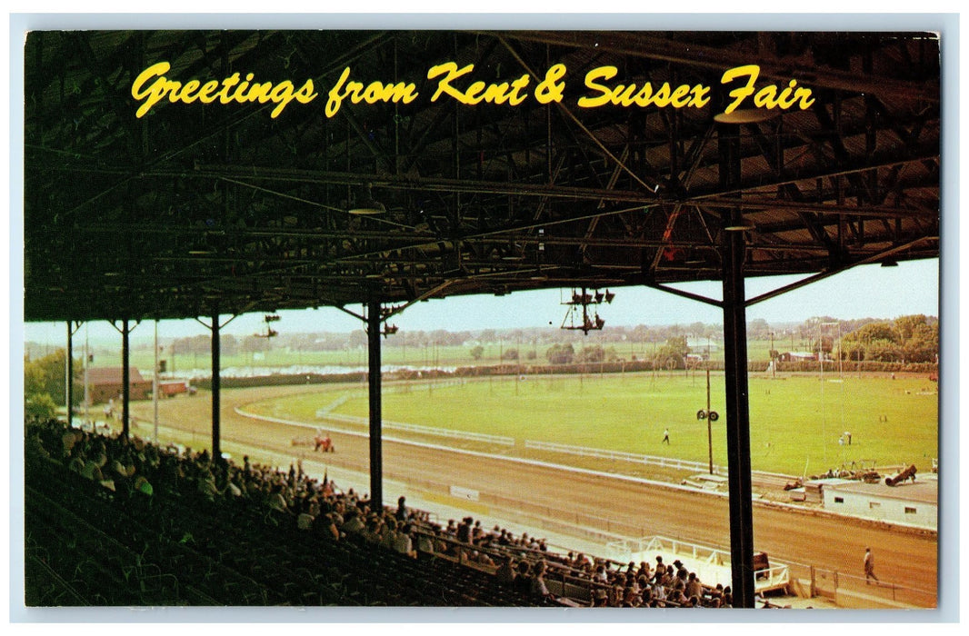 c1950 Greetings From Kent Sussex Fair Grandstand Tracks Harrington DE Postcard