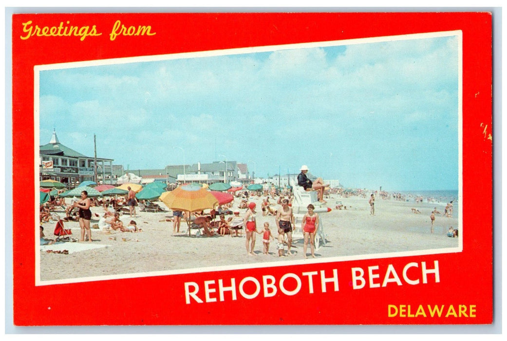 c1950 Greetings From Rehoboth Beach Swimming White Sand Delaware DE Postcard
