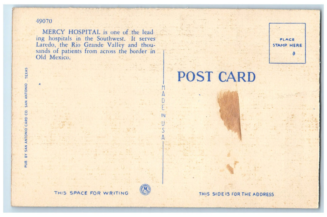 Bird's Eye View Of Mercy Hospital Laredo Texas TX Vintage Unposted Postcard