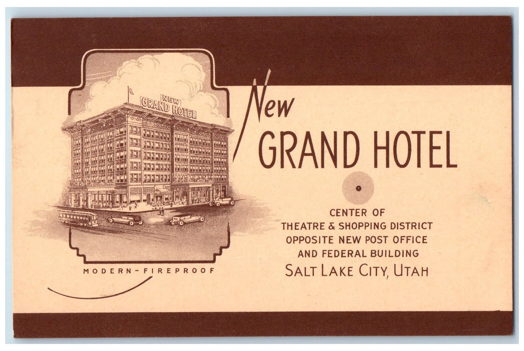 New Grand Hotel Building Salt Lake City Utah UT Antique Advertising Postcard