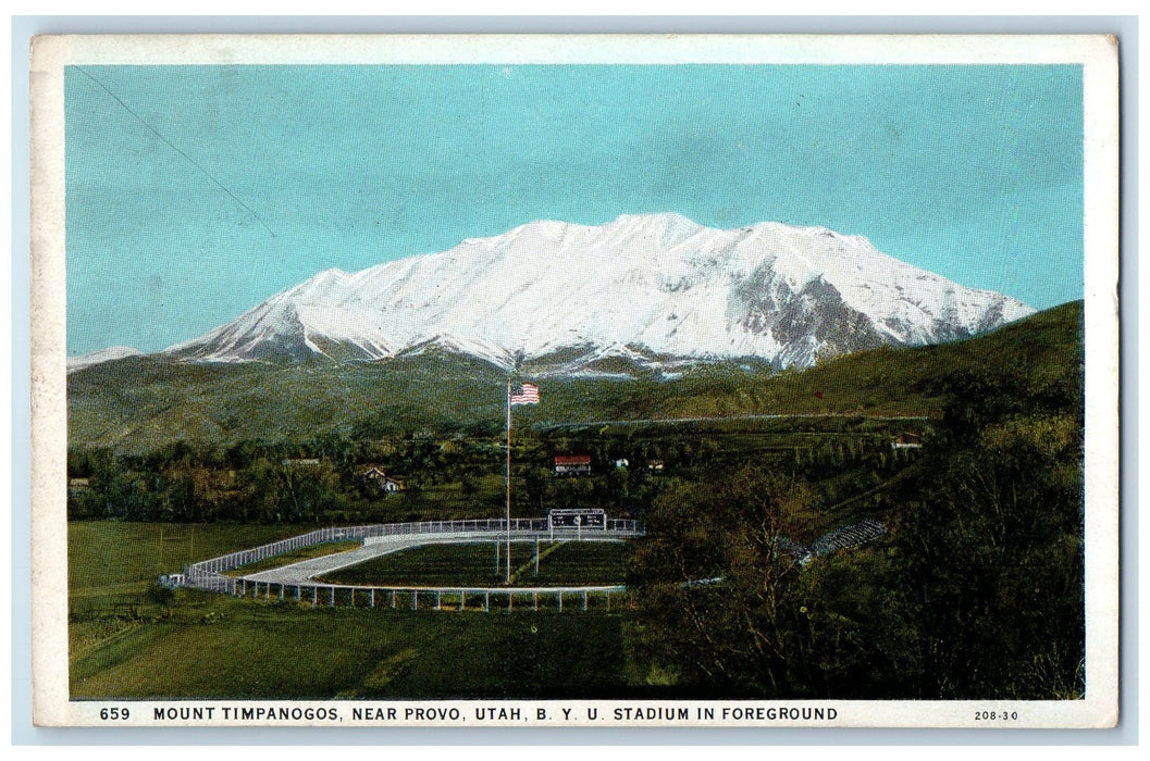 Mount Timpanogos Near Provo Utah UT, B.Y.U Stadium In Foreground Postcard