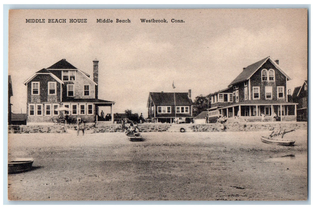 c1950 Middle Beach House Boat Sea Side White Sand West Brook Conn. CT Postcard