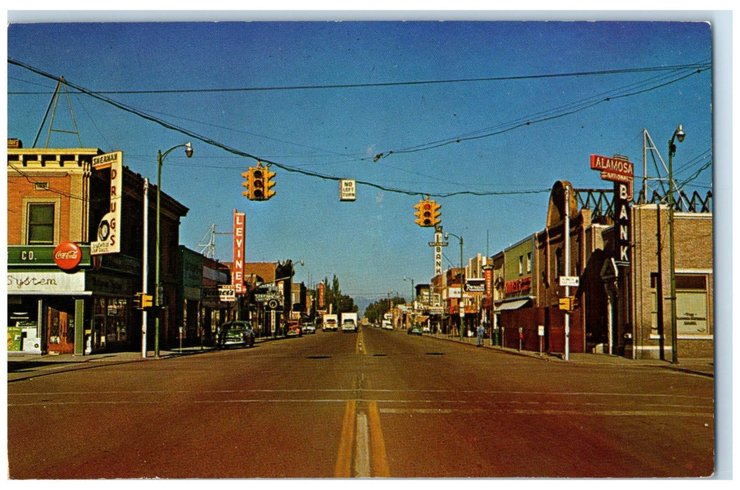 1963 Business Section Downtown Stores High Way Stop Lights Alamosa CO Postcard
