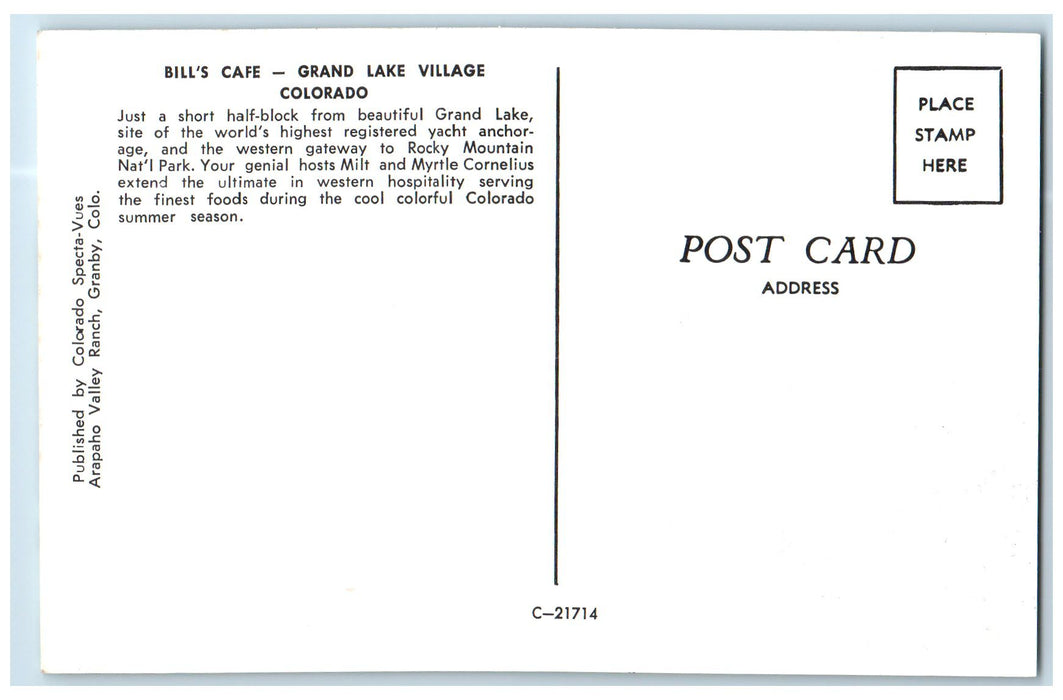 c1950's Bills Cafe Road Side Cars Park Grand Lake Village Colorado CO Postcard